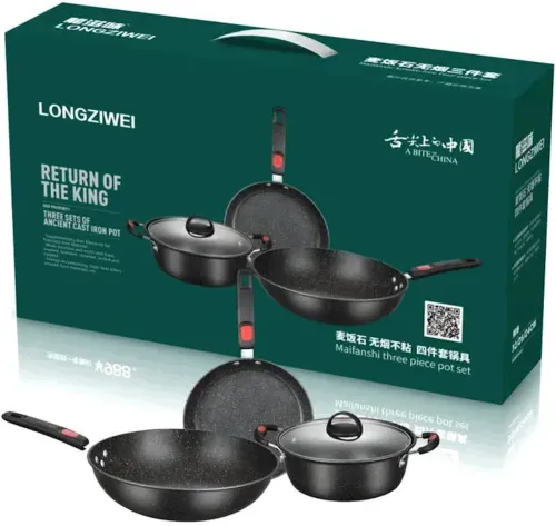 Кухонний набір посуду Longziwei WOK HH23 - 005 2 сковорідки і казанок для приготування їжі 3в1, Казан і сковорода з антипригарним покриттям MAG-782