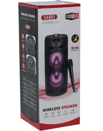 Беспроводная Bluetooth колонка динамик SoonBox S4403 с LED подсветкой 10W и микрофоном, Аккумуляторная блютуз акустика караоке USB SD FM AUX Черная