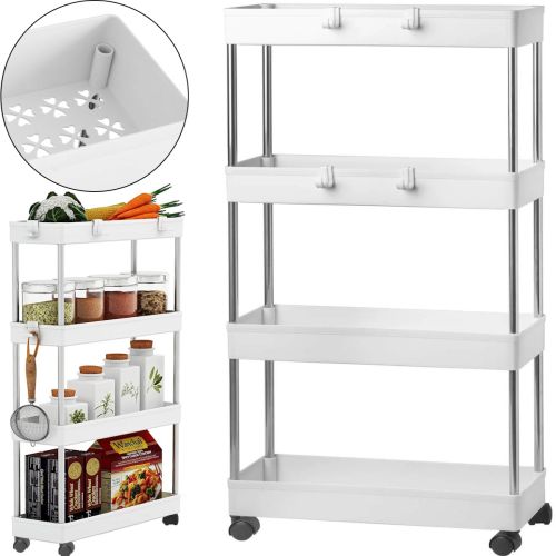 Підлогова вузька Полиця органайзер Bathroom Rack XYX-2020 на 4 яруси для кухні та ванної на коліщатках 40x22, 5x90 см, етажерка MAG-740 4 рівня Біла