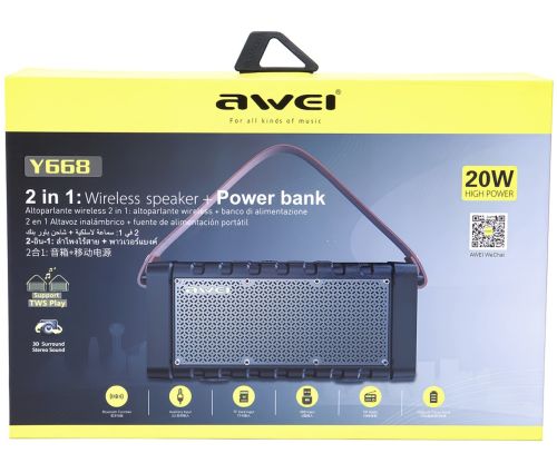Портативна Bluetooth колонка Awei Y668 з PowerBank бездротова акумуляторна стерео акустика, мінідинамік з ручкою і повербанком FM MP3 AUX TF USB