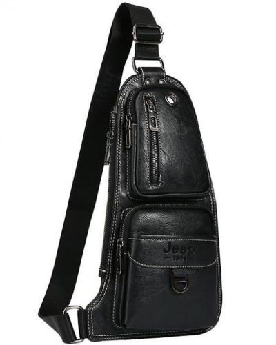 Чоловіча сумка рюкзак через плече Jeep Bags 777 38х18 см нагрудна сумка бананка на груди з отвором для навушників зі штучної шкіри Чорна