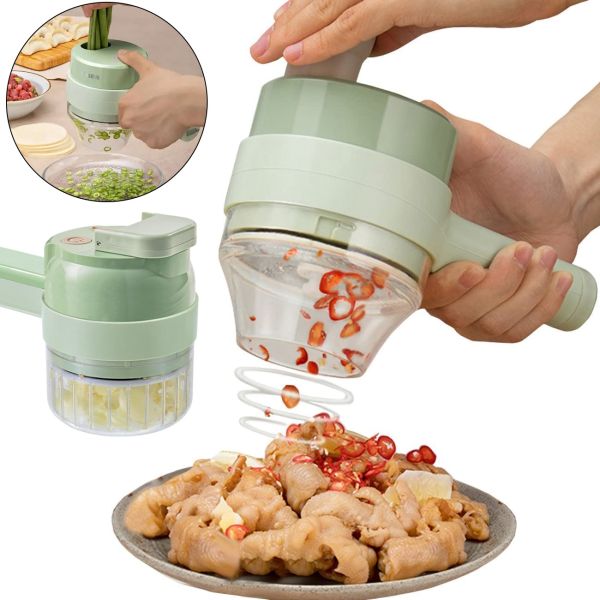 Багатофункціональний ручний подрібнювач для овочів 4 в 1 Food Chopper Gatling, Електрична кухонна овочерізка терка, міні блендер-слайсер Зелений