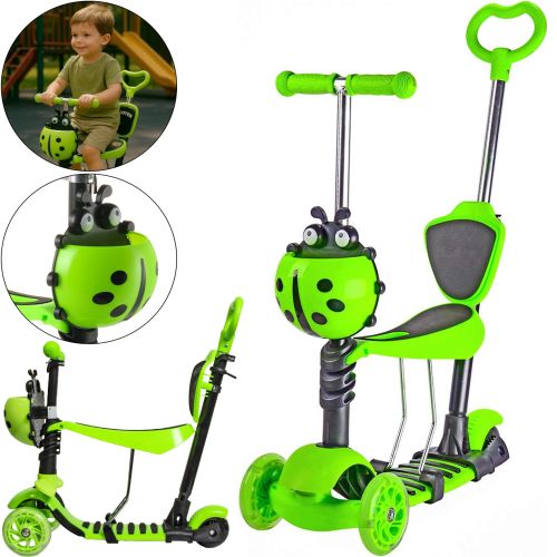 Триколісний дитячий самокат беговел Scooter FYS-2864 Green 5 в 1 зі складним сидінням, батьківською ручкою та колесами, що світяться, для дітей Зелений