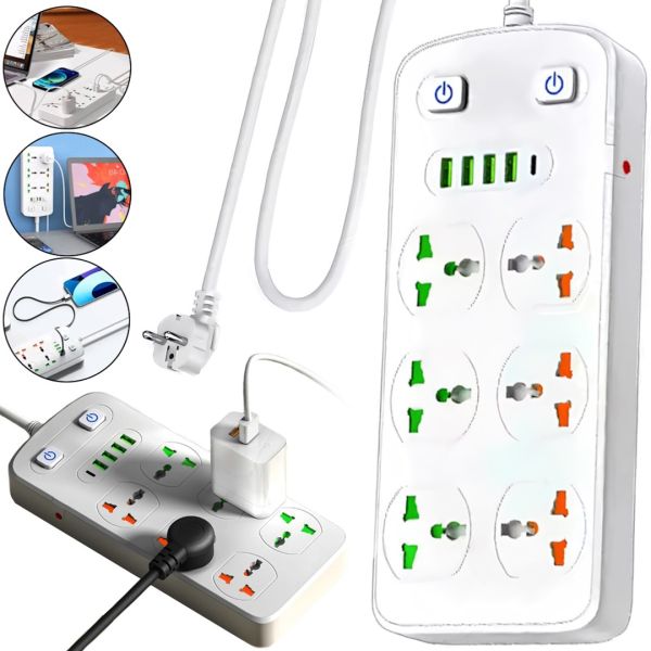 Мережевий фільтр Power Socket AR-CP05 2500W на 6 розеток 4 USB 1 Type-C 2 м подовжувач переноска з вимикачем для підключення приладів до мережі Білий