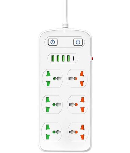 Мережевий фільтр Power Socket AR-CP05 2500W на 6 розеток 4 USB 1 Type-C 2 м подовжувач переноска з вимикачем для підключення приладів до мережі Білий