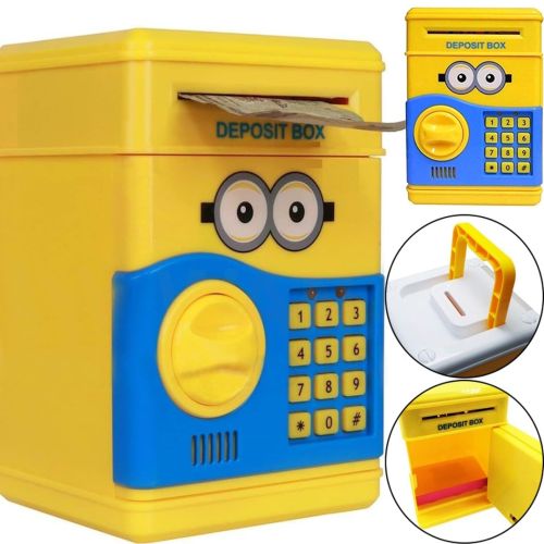 Детская электронная копилка сейф Minion с купюроприемником для денег с кодовым замком, электросейф Миньон с пин-кодом для купюр и монет Желтый