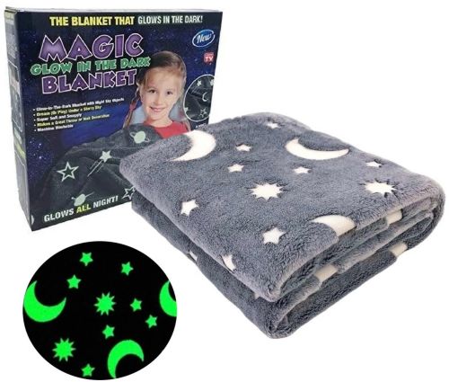 Детский светящийся плед Magic Blanket Серый 150х200 см, Плюш, Луна и звезды, Покрывало светящееся День-Ночь, Микрофибра, Флисовый Люминесцентный