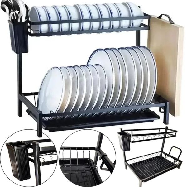 Металева двоярусна сушарка органайзер Kitchen rack double deck MJ-4014 над раковиною, стійка 2 яруси для сушіння і зберігання посуду з піддоном