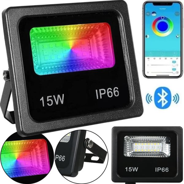 Вуличний світлодіодний прожектор RGB Flood lb-7980 Light з Bluetooth управлінням від телефону, LED ліхтар 15w з монтажним кріпленням для освітлення IP66 від мережі