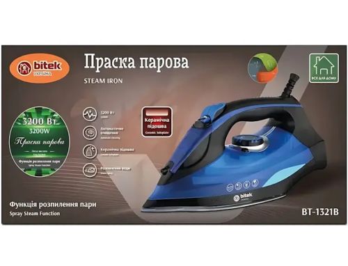 Электрический паровой утюг Bitek BT-1321B 3 режима с керамической подошвой для глажки одежды Витек для белья с функцией самоочистки от сети Синий