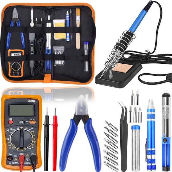 Набір інструментів для пайки Soldering kit 15 в 1 Паяльник Inspire KS908 з терморегулятором з мультиметром VC830L, олововідсмоктувачем і кусачками в чохлі