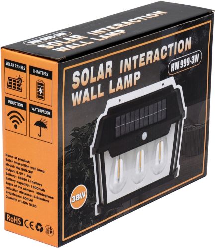 Вуличний настінний світильник Coba Solar Wall Lamp HW 999 - 3W акумуляторний підвісний ліхтар на сонячній батареї з датчиком руху 3 лампи 3 режими