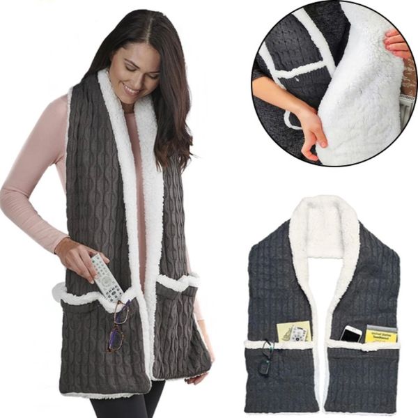 Зимова двостороння безрукавка шарф з кишенями Huggle Pocket Scarf на флісі, М'який домашній плюшевий шарф жилетка на гудзиках Сірий