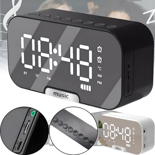 Дзеркальний годинник з колонкою Fleco BT Q5 Bluetooth з LED підсвічуванням і підставкою для телефону, блютуз колонка з годинником LS-Q5 з термометром