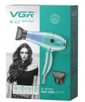 Профессиональный фен VGR V-452 для cушки и укладки волос с отрицательными ионами с 2 насадками 2400W, Электрический фен с холодным обдувом 