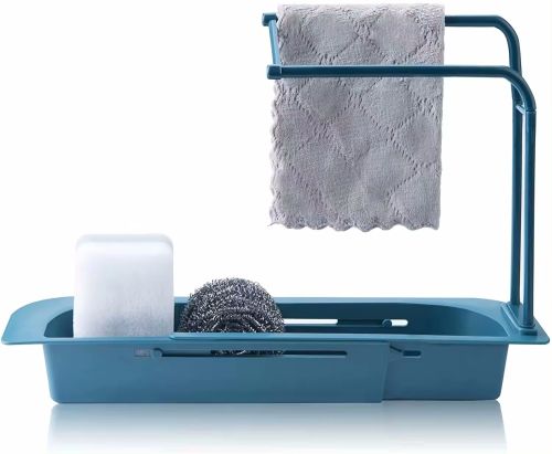 Раздвижная полка органайзер для раковины Sink rack AD-1792 для губки и тряпок, Телескопическая полочка сушилка полотенца на мойку LY-567 Темно-синяя