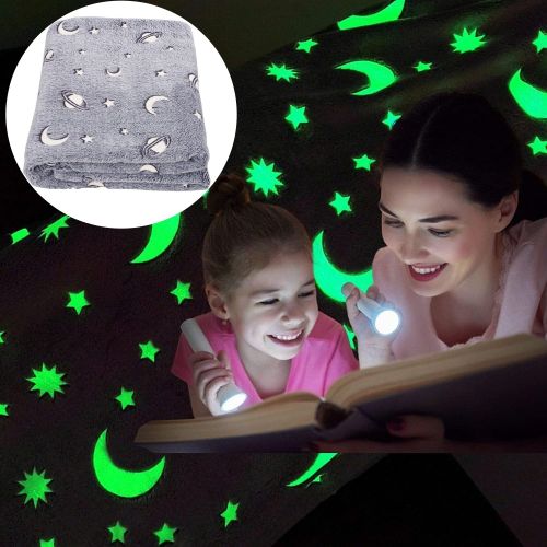 Детский светящийся плед Magic Blanket Серый 150х200 см, Плюш, Луна и звезды, Покрывало светящееся День-Ночь, Микрофибра, Флисовый Люминесцентный