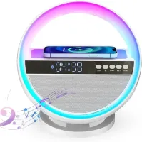 Настільна акумуляторна смарт лампа нічник HM-G5 з RGB підсвічуванням і годинами, Bluetooth колонка годинник з бездротовою зарядкою 10W і USB TF FM AUX
