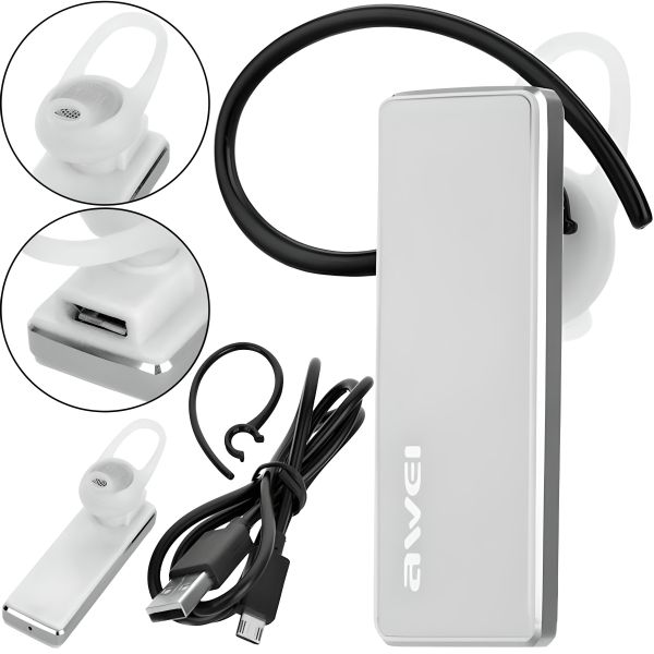 Бездротова Bluetooth гарнітура на вухо для смартфона Awei A850bl White, Блютуз моногарнітура Авей для телефону з наушным кріпленням Біла