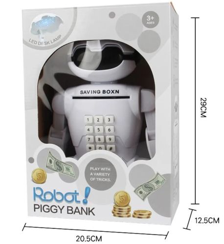 Дитяча електронна скарбничка світильник Robot Piggy Bank 6688-8 з кодовим замком і купюроприймачем, Дитячий сейф Робот з лампою на батарейках Білий