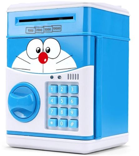Дитяча електронна скарбничка сейф Cat Doraemon з купюроприймачем для грошей з кодовим замком електросейф з пін-кодом для купюр і монет для дітей синя