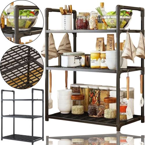 Кухонна Полиця органайзер Kitchen Storage Rack YX544-4 для зберігання кухонного приладдя 3 яруси рівня, стійка стелаж з гачками для кухні