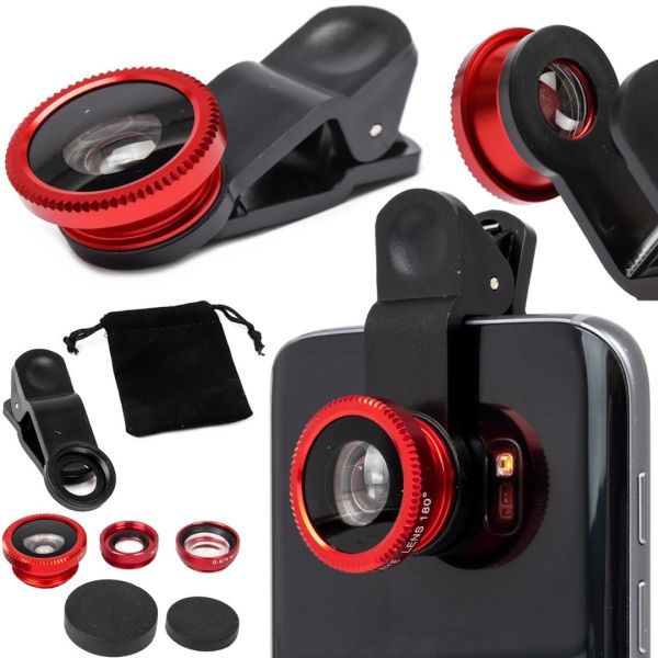 Лінза з прищіпкою для зйомки Fish Eye Lens Y-12 3 в 1 набір об'єктивів для фото і відео на телефон, панорамний риб'яче око макрозйомка Y12 Червоний