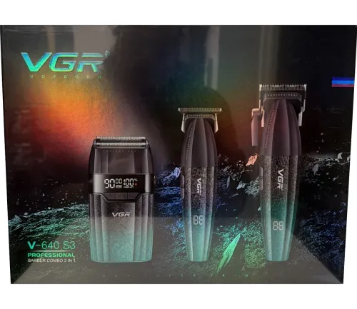 Набір для стрижки волосся VGR V-640 S3 3 в 1 акумуляторна машинка, тример і електробритва для окантовки бороди і вусів зі змінними насадками від USB