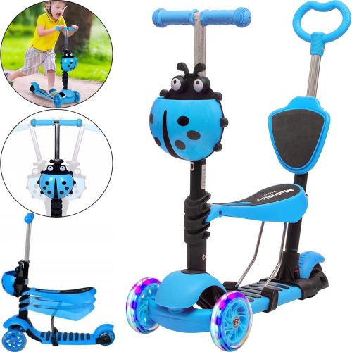 Трехколесный детский самокат беговел Scooter FYS-2864 Blue 5 в 1 со складным сиденьем, родительской ручкой и светящимися колесами для детей Голубой
