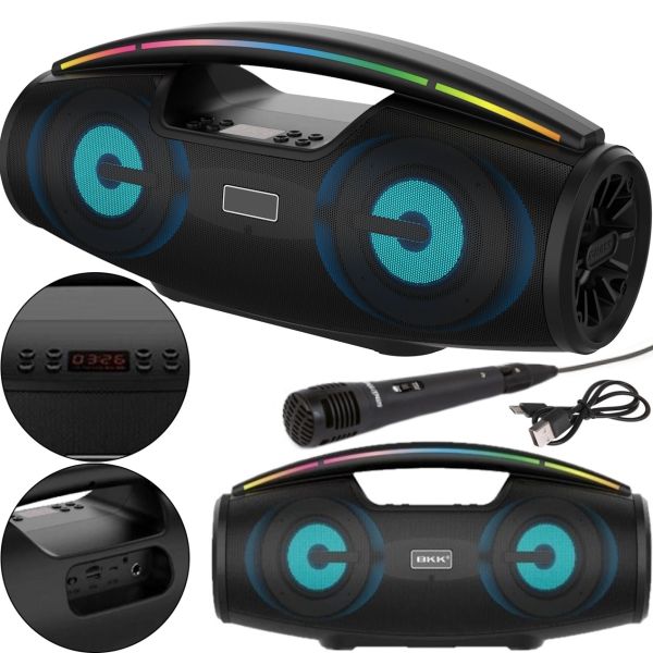 Бездротова Bluetooth колонка динамік BKK B100 з LED підсвічуванням 20W з мікрофоном, акумуляторна блютуз акустика караоке USB SD FM AUX Чорна