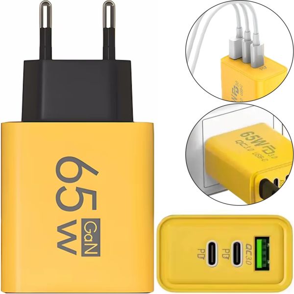 Мережевий зарядний пристрій зарядка зарядка BauTech APD-60 65W USB 2Type-C блок живлення адаптер зі швидкою зарядкою для мобільного телефону GaN PD 65Вт Жовтий