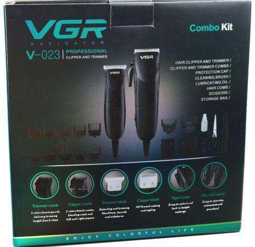 Комплект из двух аккумуляторных машинок VGR V-023 2 в 1 для стрижки волос и бороды, проводная машинка триммер с набором съемных насадок в сумке V023