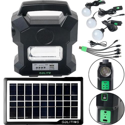 Автономна сонячна станція GDlite GD - 1000A зарядна система Power Bank, ліхтар і 4 LED лампочки з функцією повербанка і радіо для кемпінгу Чорна