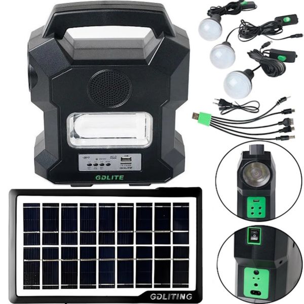 Автономна сонячна станція GDlite GD - 1000A зарядна система Power Bank, ліхтар і 4 LED лампочки з функцією повербанка і радіо для кемпінгу Чорна