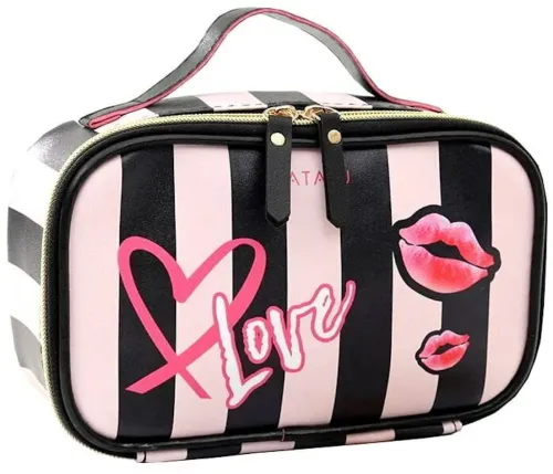 Дорожня косметичка органайзер Tatadu Love 21x13x8 см для зберігання косметики, Сумка Make up bag з відсіками для пензлів на блискавці з ручкою Чорна