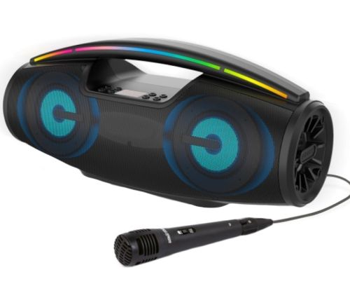 Бездротова Bluetooth колонка динамік BKK B100 з LED підсвічуванням 20W з мікрофоном, акумуляторна блютуз акустика караоке USB SD FM AUX Чорна