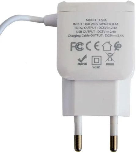 Мережевий зарядний пристрій Hoco C59A 2USB адаптер USB з цільним кабелем MicroUSB блок живлення на 2 порти для зарядки телефонів 15w 220v 2.4 A Білий