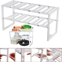Багатофункціональна регульована кухонна Полиця стійка Kitchen Rack 38-70 см для зберігання посуду, розсувний органайзер під раковину 2 яруси Біла