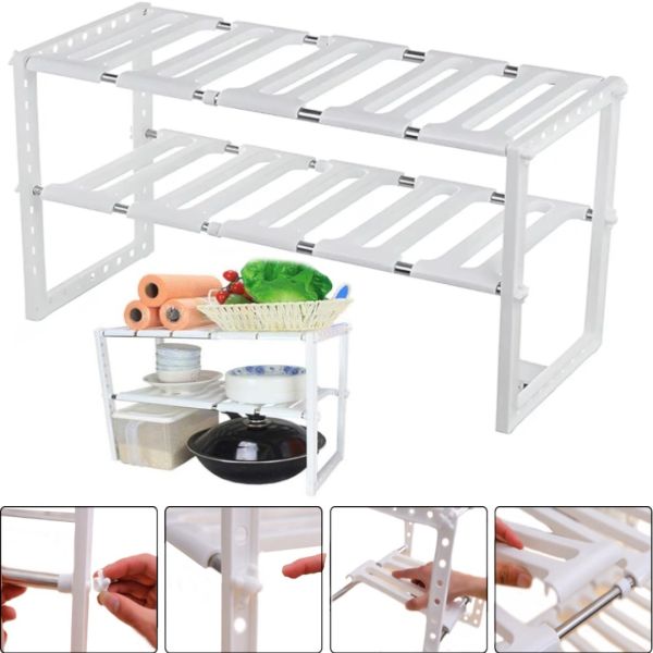 Багатофункціональна регульована кухонна Полиця стійка Kitchen Rack 38-70 см для зберігання посуду, розсувний органайзер під раковину 2 яруси Біла