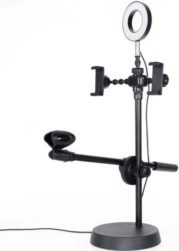 Кільцева LED лампа Phone Stand Youtuber HA - 12 селфи лампа 16 см настільний штатив з підставкою для мікрофона і двома тримачами для телефону від USB