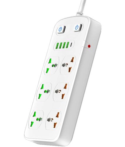 Мережевий фільтр Power Socket AR-CP05 2500W на 6 розеток 4 USB 1 Type-C 2 м подовжувач переноска з вимикачем для підключення приладів до мережі Білий