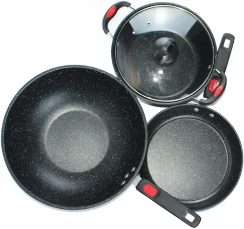Кухонний набір посуду Longziwei WOK HH23 - 005 2 сковорідки і казанок для приготування їжі 3в1, Казан і сковорода з антипригарним покриттям MAG-782