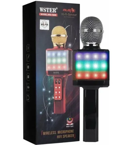 Бездротовий караоке мікрофон WSTER WS - 1828 Bluetooth USB AUX FM з вбудованою колонкою і 4 тембрами голосу на акумуляторі з динаміком Ws1828 Чорний