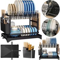 Двухуровневая настольная сушилка для посуды Dish Drying Rack с автоматическим сливным поддоном, стеллаж на 2 яруса для сушки и хранения Черная