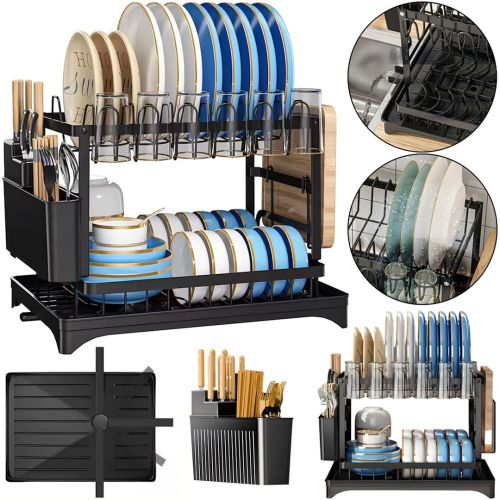 Двухуровневая настольная сушилка для посуды Dish Drying Rack с автоматическим сливным поддоном, стеллаж на 2 яруса для сушки и хранения Черная