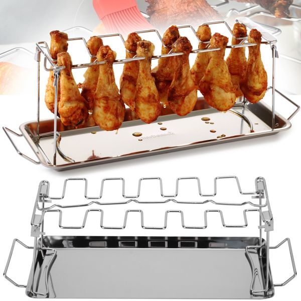 Підставка для приготування курячих ніжок A-Plus Barbecude KF-0982 універсальна стійка з піддоном для духовки та гриля, решітка з нержавіючої сталі