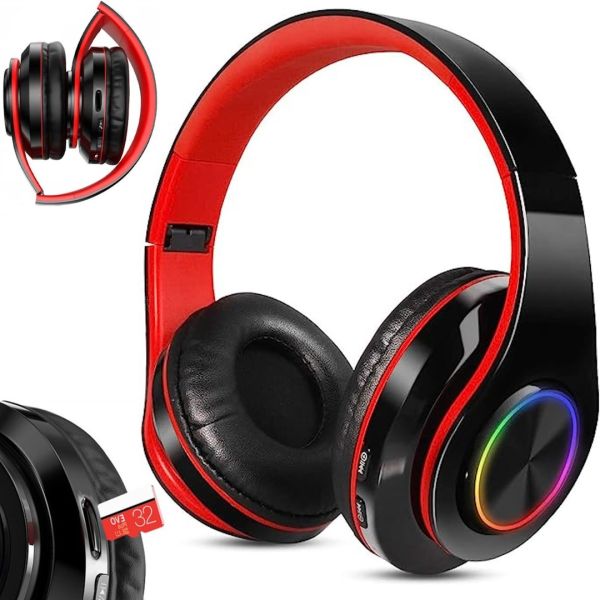 Бездротові накладні навушники Bluetooth B39 Black з мікрофоном підтримкою TF-карти і LED підсвічуванням SD AUX блютуз стерео навушники чорно-червоні