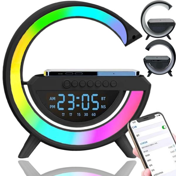 Настільна смарт лампа нічник 4 в 1 RGB BT-3401 акумуляторний з бездротовою зарядкою 15W і Bluetooth колонкою, світлова звукова колонка Чорна