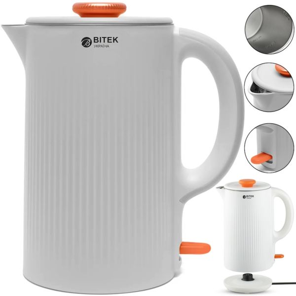 Електричний дисковий чайник Bitek BT-7848W на 2 л 1500W настільний кухонний електрочайник Бітек BT7848W з автовідключенням і поворотом на 360° Білий