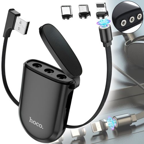 Магнитный зарядный кабель Hoco S50 Magnetic 3 в 1 10W USB шнур 1 м для зарядки телефона с кейсом для коннекторов MicroUSB, Type-C, Lightning